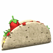 A picture of a taco with a cartoon chili pepper peeking out of it